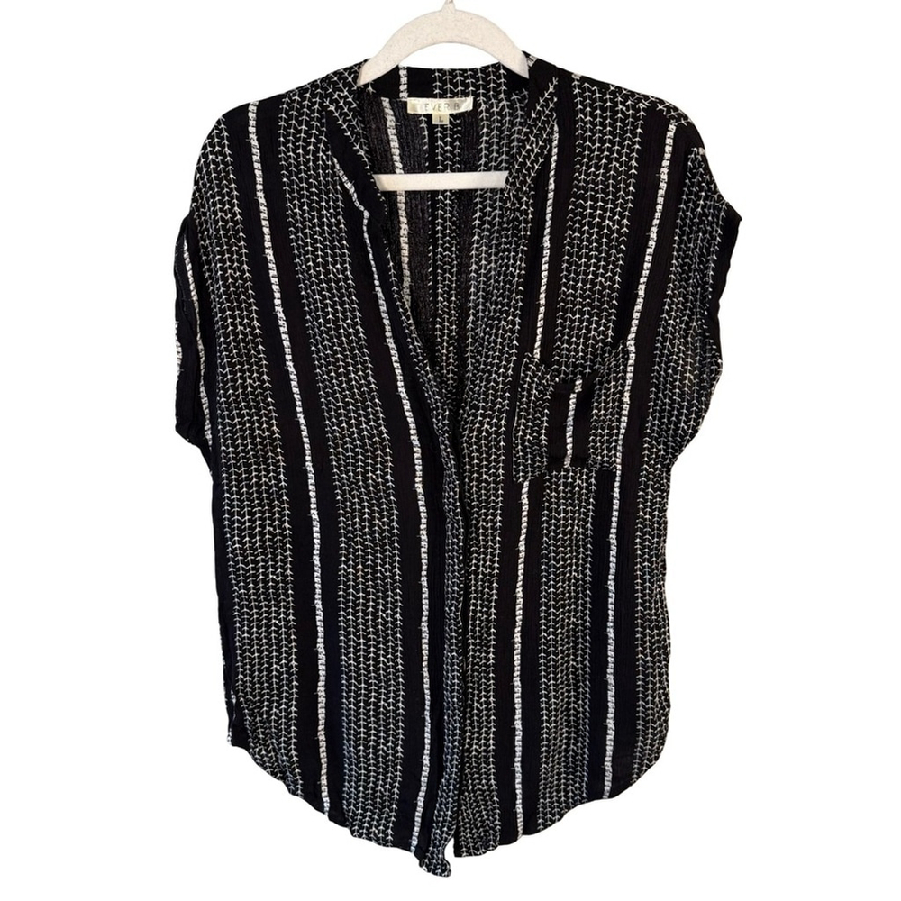 Ever B Black and White Striped Button Down Blouse Size L Minimalist Lightweight